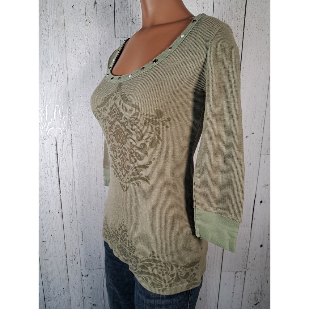 Daytrip Sage Green Waffle Knit Thermal Damask Print Studded Scoop Neck Small Y2K